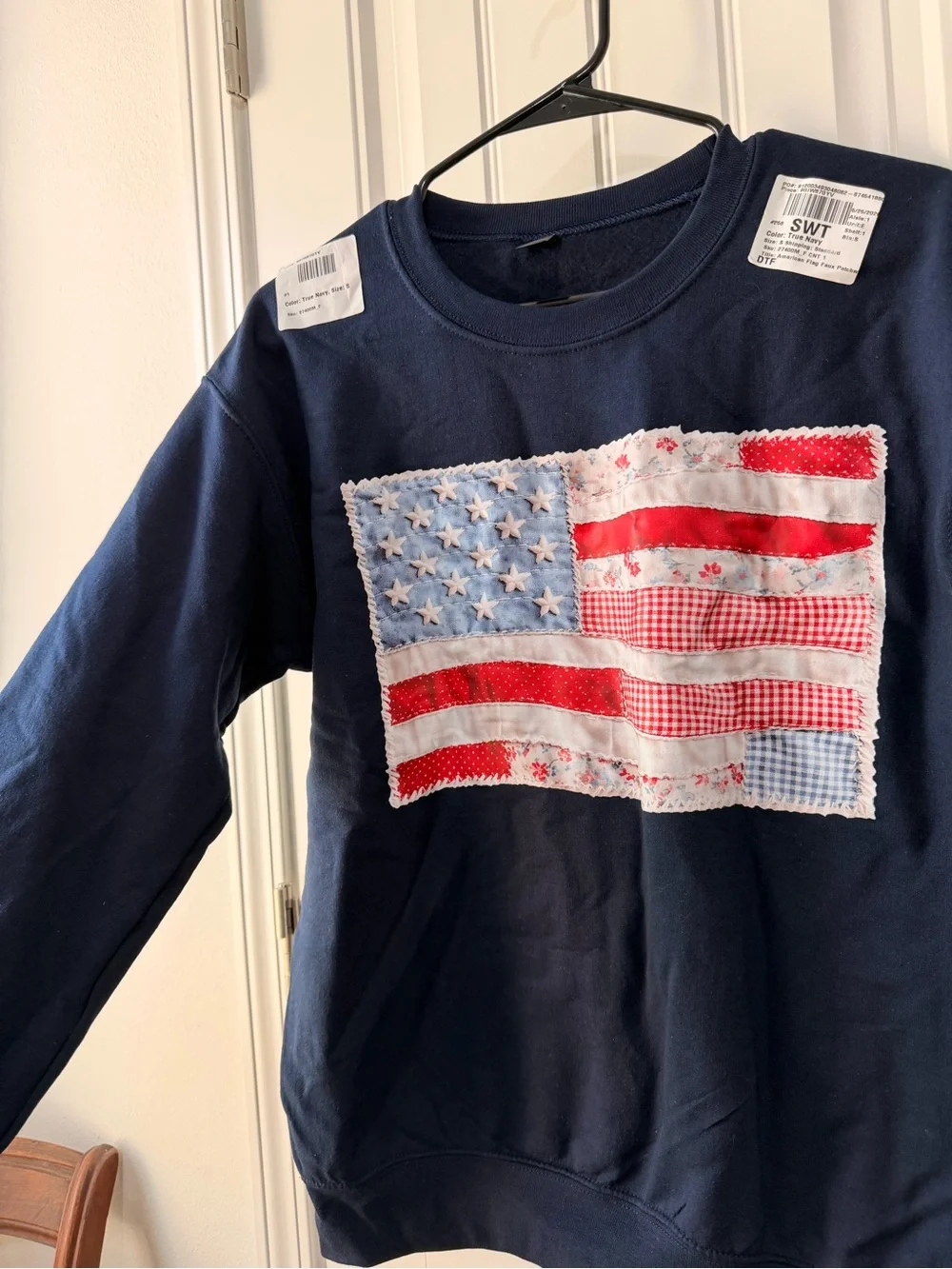 Target Navy Crewneck Sweatshirt with Red, White & Light Blue FAUX Patchwork Flag